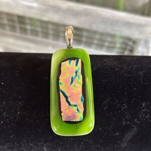 Vibrant Green Dichroic Fused‎ Glass Pendant. Ripple of Green, Blue, Teal, Pink.